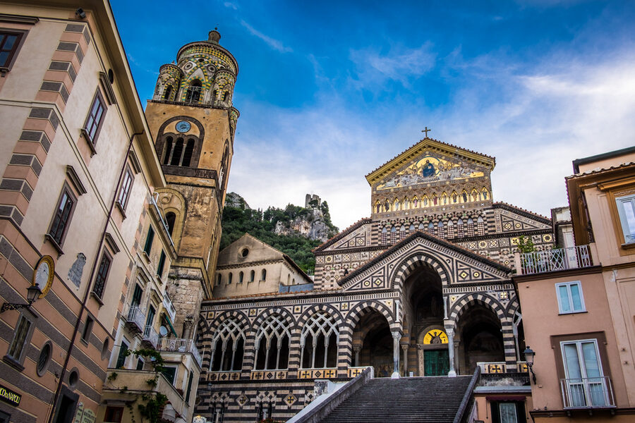 The 62-step limestone staircase rising from Piazza del Duomo to the Cathedral of Sant'Andrea, Amalfi