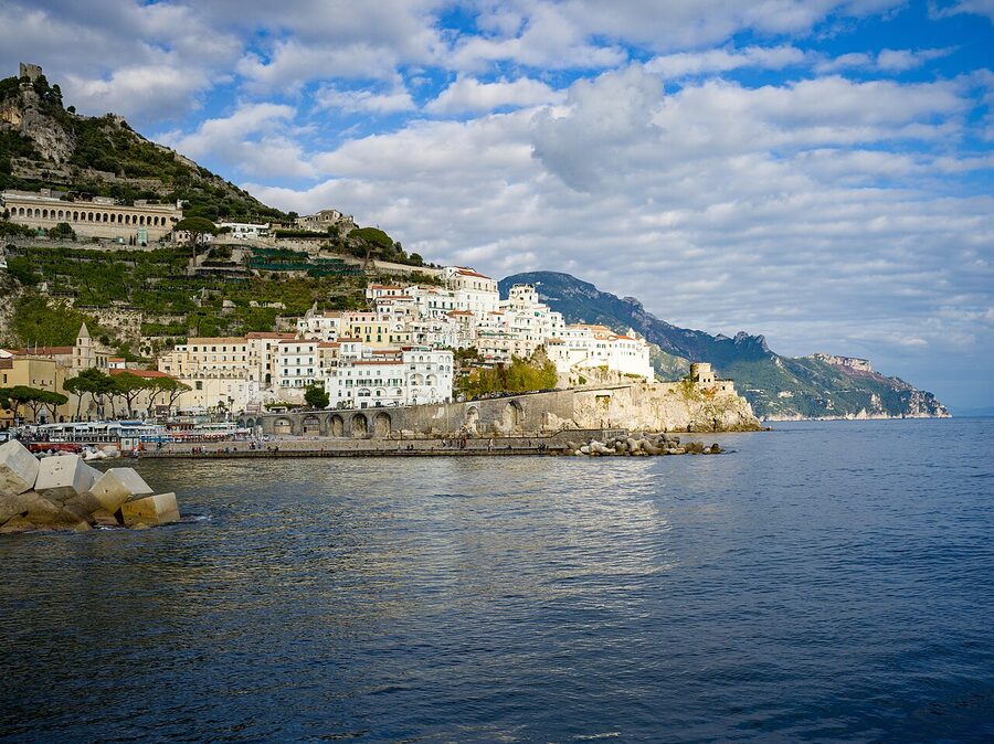 Amalfi viewed from the sea, with the cathedral visible in the centre