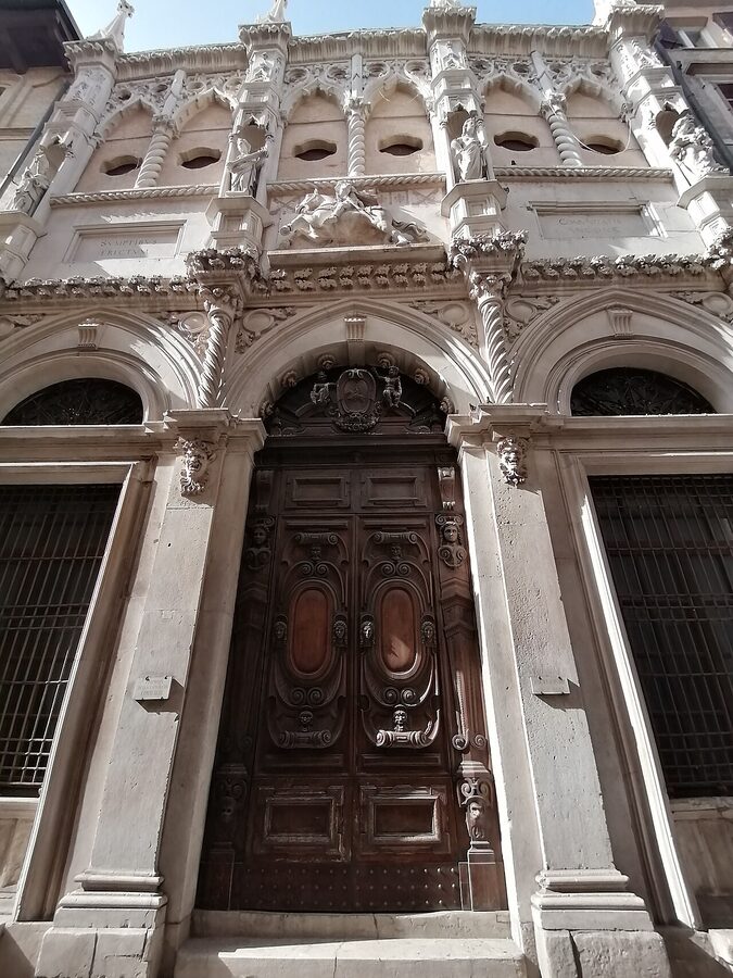 The elaborate Venetian Gothic façade of the Loggia dei Mercanti in Ancona, 15th century