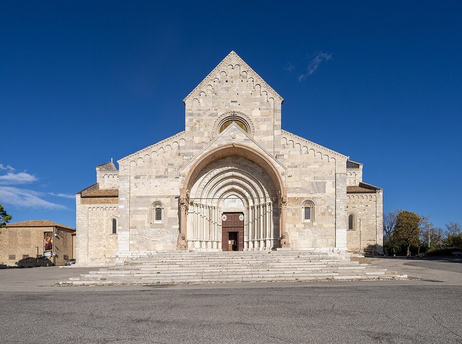 The Romanesque Cathedral of San Ciriaco in Ancona on top of Colle Guasco, with marble façade and pink pillars