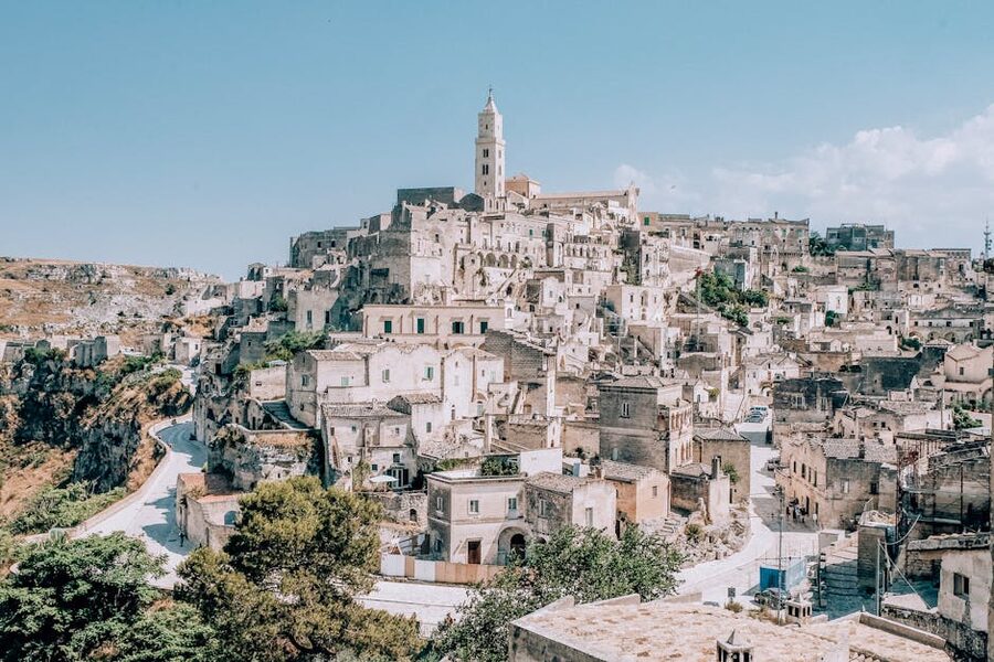 The ancient town of Matera with its distinctive cave-dwelling Sassi under a clear summer sky
