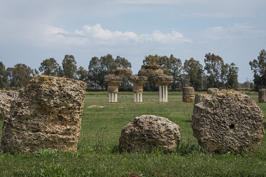 Standing columns of the Temple of Hera at Metaponto, a Greek archaeological site on the Basilicata Ionian coast
