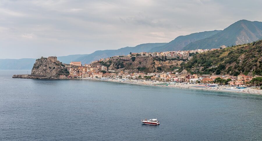 Scilla on the Calabrian coast with a medieval castle on a promontory above the sea