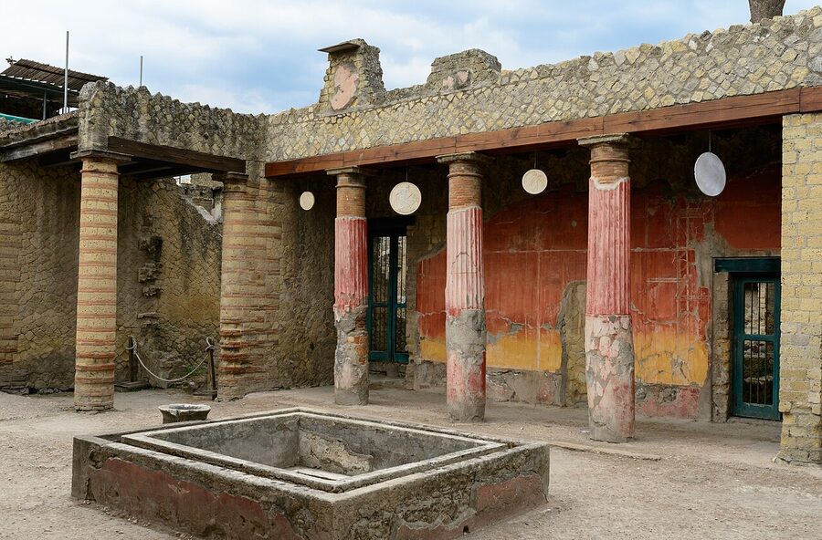 The excavated ruins of Herculaneum (Ercolano) below the modern town on top