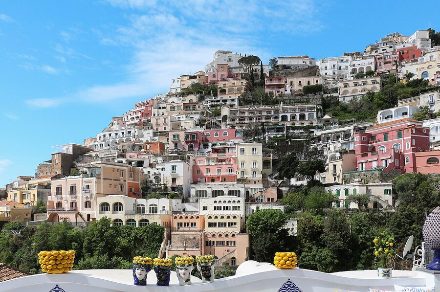 Positano village on the Amalfi Coast, the cascade of pastel houses down the cliff