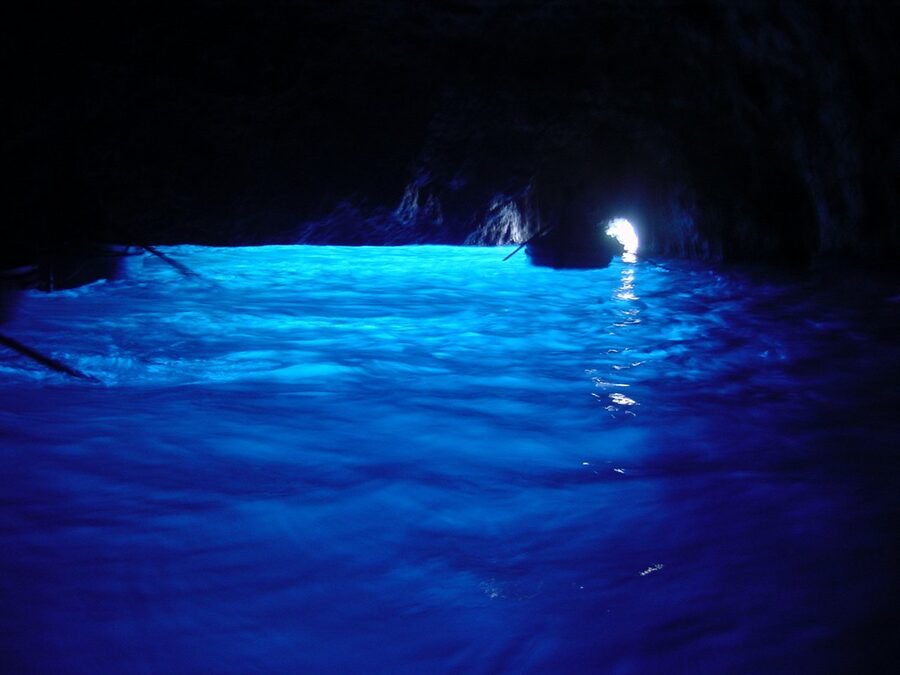 Inside the Blue Grotto at Capri, illuminated by the underwater passage of daylight