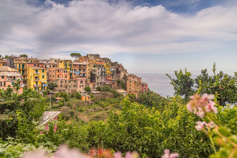 The village of Corniglia perched on a clifftop 100 metres above the sea in the Cinque Terre