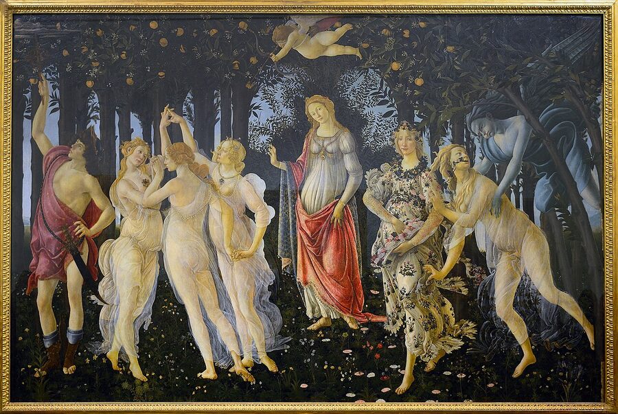 Botticelli's Primavera painting showing Venus, the Three Graces, Mercury, Flora and Zephyr in a flower-strewn garden