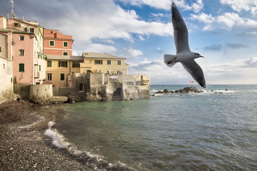 The old fishing village of Boccadasse in Genoa with pastel houses and small fishing boats on a pebble beach