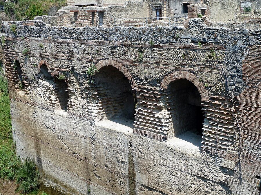 First view of the excavated Herculaneum site below the modern town of Ercolano