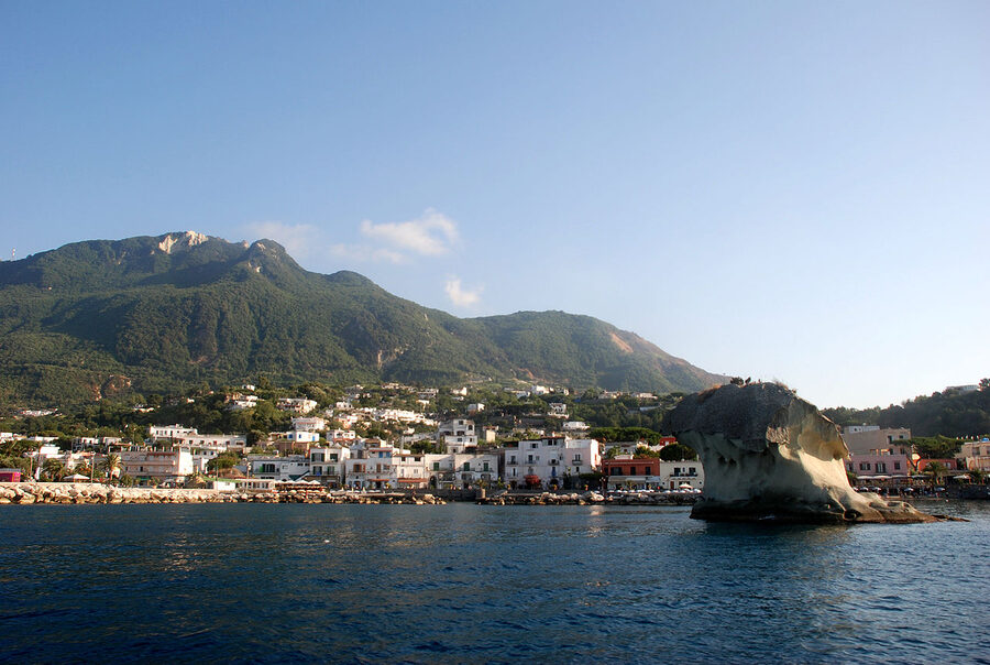 Lacco Ameno on the north coast of Ischia, with the offshore Fungo tuff rock