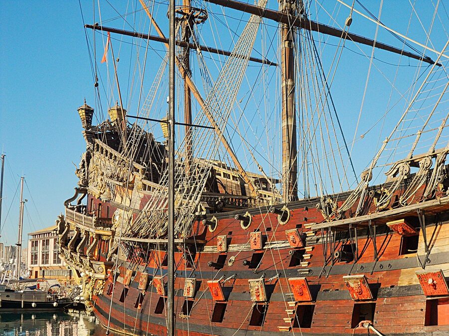 The Neptune galleon replica moored at the Old Port of Genoa, a full-size 17th-century Spanish galleon