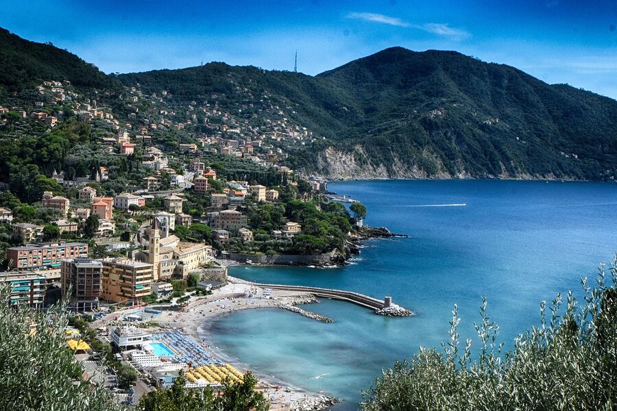 Panorama of the Ligurian coast near Recco with buildings along the sea and the Apennines behind
