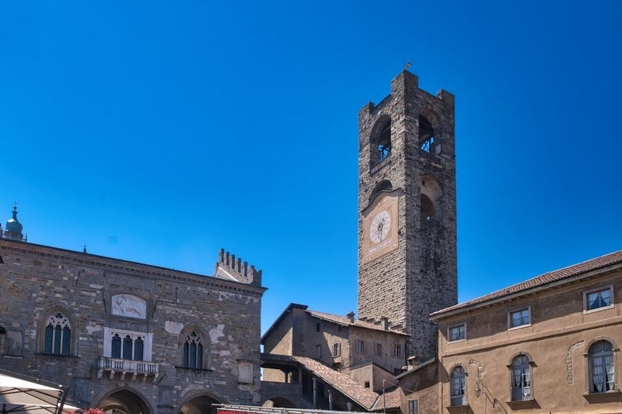 The medieval Torre Civica and surrounding buildings in Bergamo's Upper Town, Lombardy