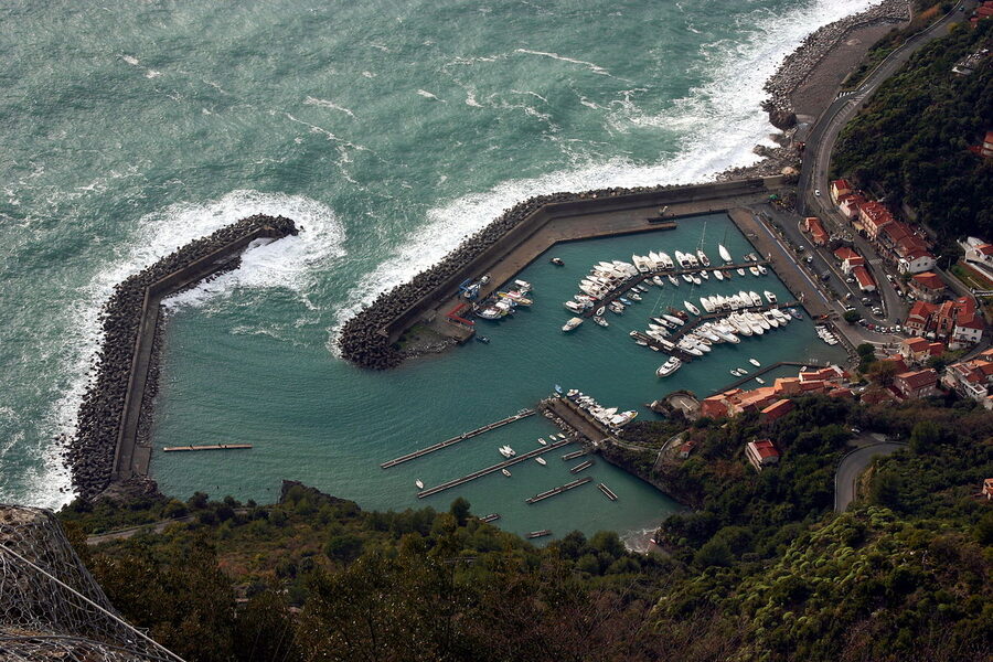The Tyrrhenian coast seen from the Cristo Redentore of Maratea, with Marina di Maratea and the Gulf of Policastro