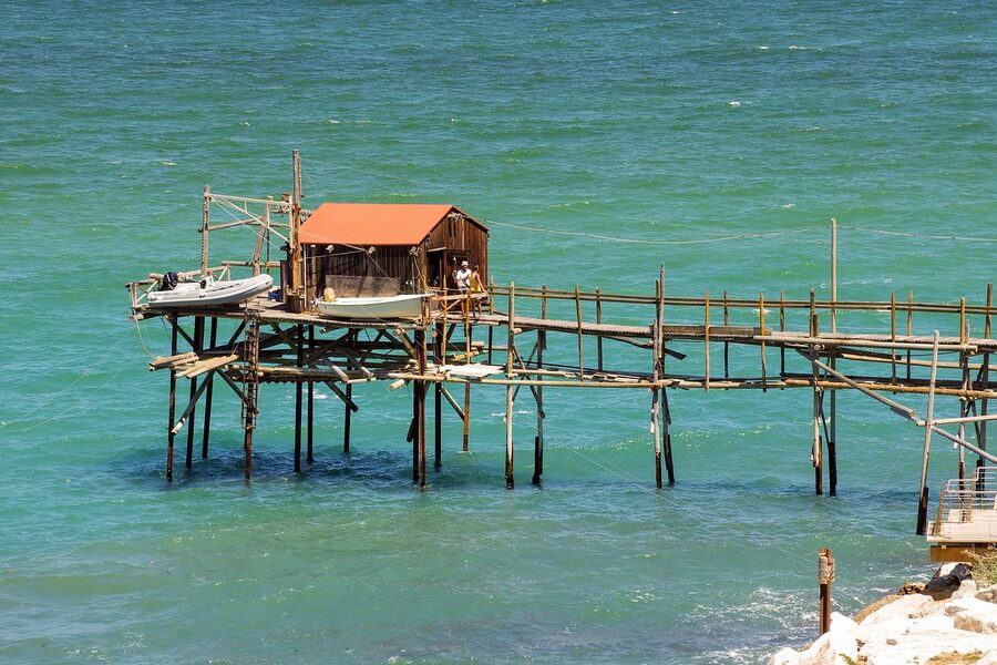 A trabucco fishing platform on the Molise coast near Termoli, wooden stilts extending over the Adriatic