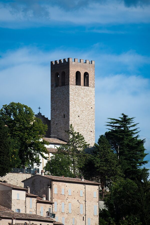 The Campanaccio — civic tower of Nocera Umbra — at the top of the hill