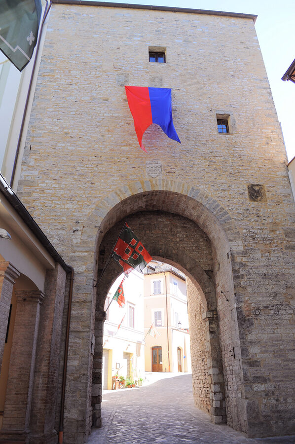 Porta San Francesco (Porta Vecchia), gate of Nocera Umbra with 1744 battle damage
