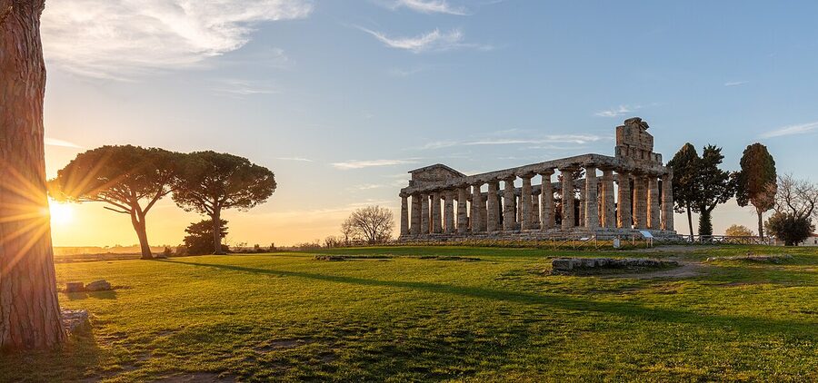Panorama of the Paestum archaeological park with two temples visible