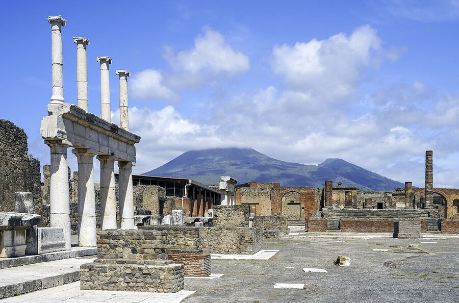 The Forum of Pompeii with Mount Vesuvius on the horizon