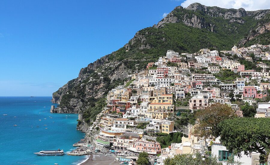 Positano seen from the approach boat — the classic arrival view