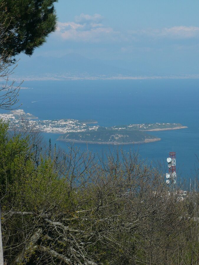 View over Vivara, Procida, and Vesuvius rising on the mainland
