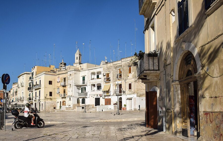 Bari Vecchia, the old medieval town of Bari, with narrow alleys, whitewashed walls and laundry hanging between buildings