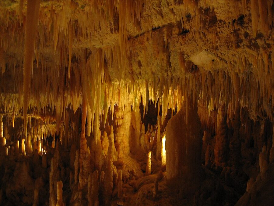 Stalactites and stalagmites in the Grotte di Castellana, a vast cave system in Puglia
