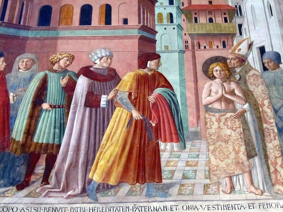 Benozzo Gozzoli's 1452 fresco of Francis renouncing worldly goods, Museo di San Francesco, Montefalco
