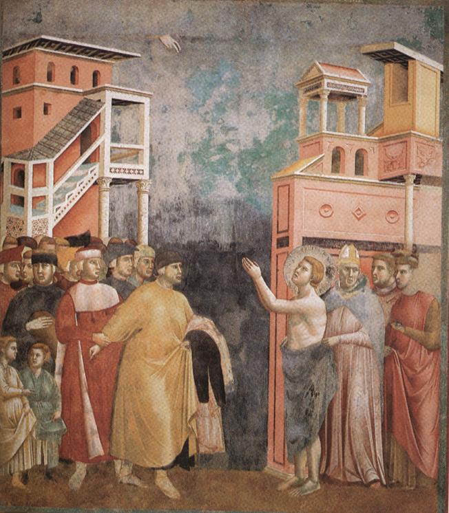 Giotto fresco showing Francis renouncing his worldly goods before the Bishop of Assisi