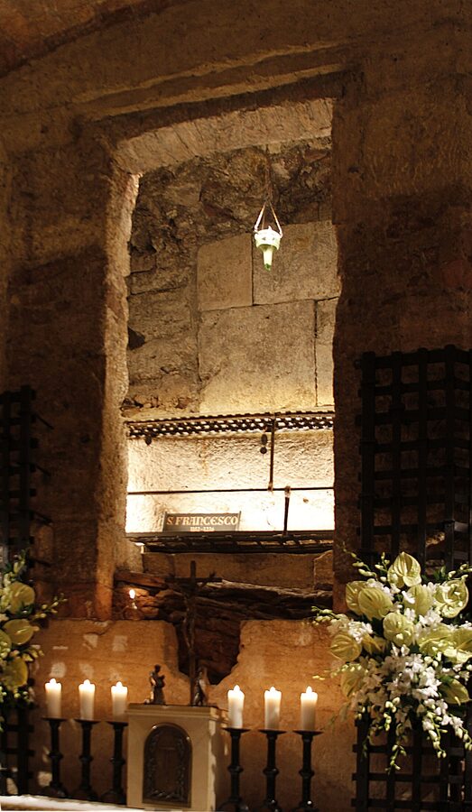 The tomb of Saint Francis in the crypt of the Basilica of San Francesco in Assisi