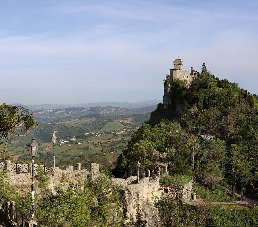 The Passo delle Streghe ridge path between the Guaita and Cesta towers on Monte Titano, San Marino
