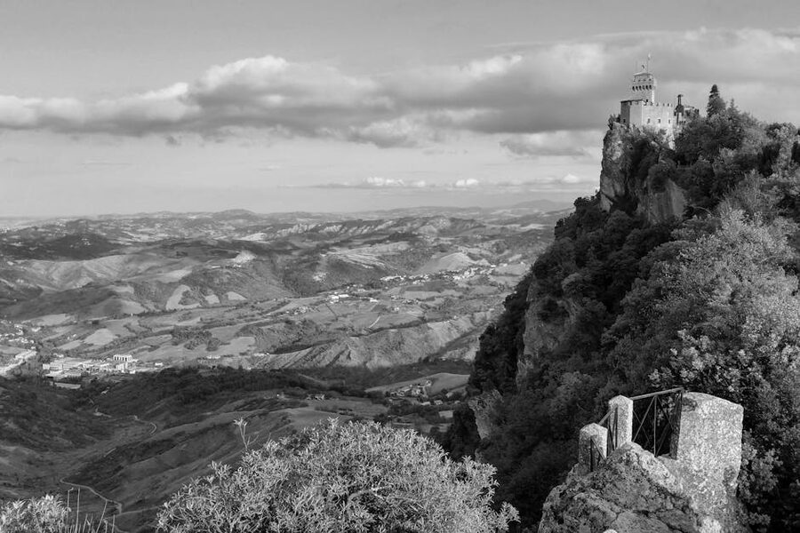 Guaita Tower on the hilltop ridge of Monte Titano, San Marino, in black and white