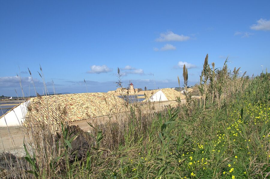 The salt flats of Marsala on the west coast of Sicily, with traditional windmills