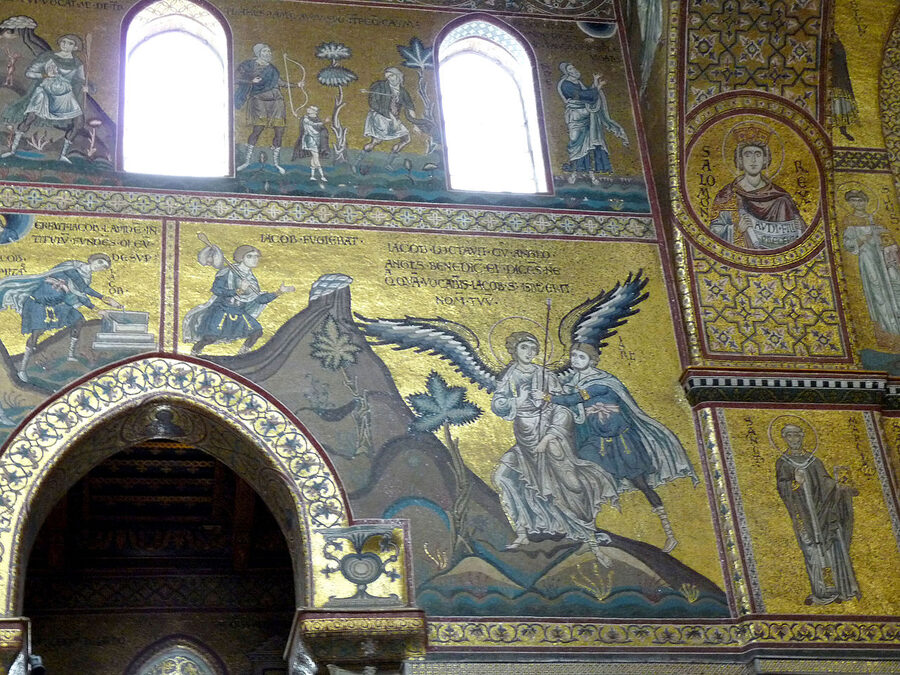 The gold-ground Byzantine mosaics covering the interior of the Duomo of Monreale