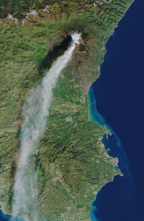 Satellite view of Mount Etna erupting from a side vent in eastern Sicily