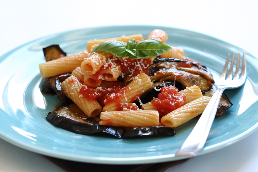 A plate of pasta alla Norma — the Catania pasta with aubergine and salted ricotta
