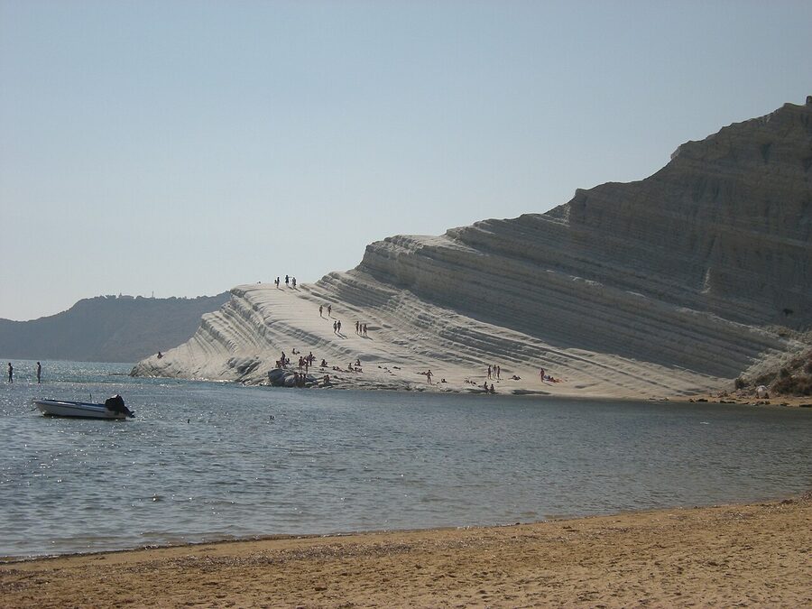 The white chalk cliffs of Scala dei Turchi stepping down to the sea at Realmonte