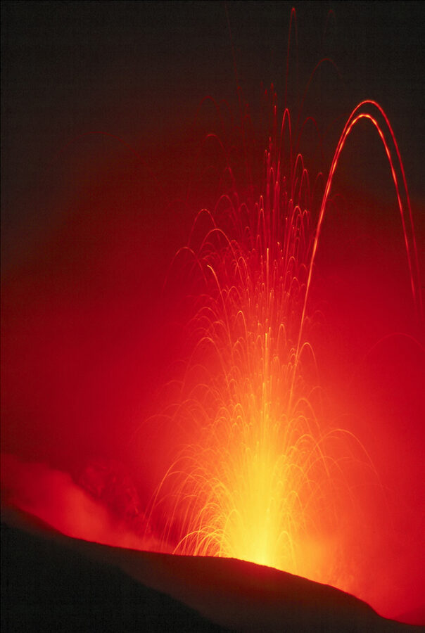 Stromboli volcano erupting at night in the Aeolian Islands
