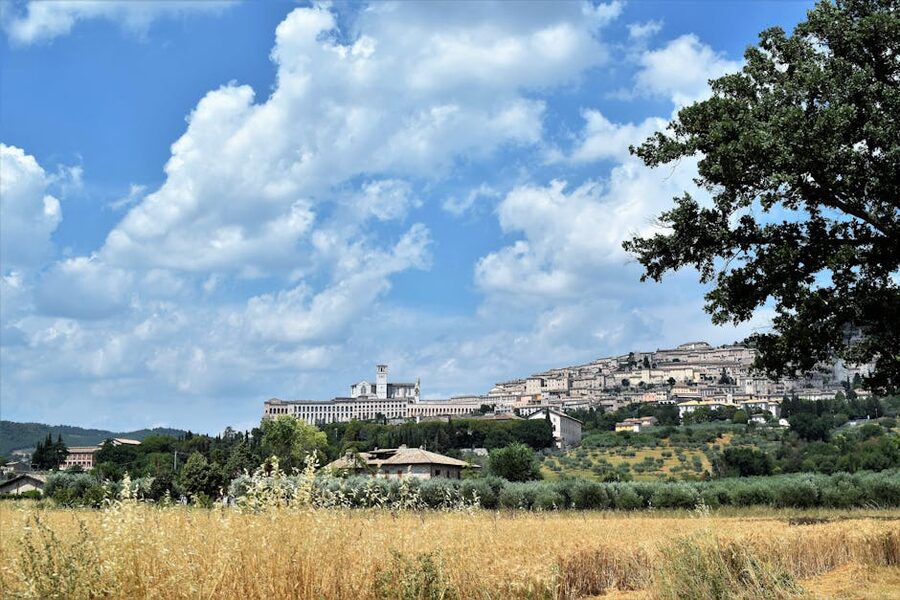 The Basilica of Saint Francis in Assisi on a sunny day, with the medieval town below the hillside