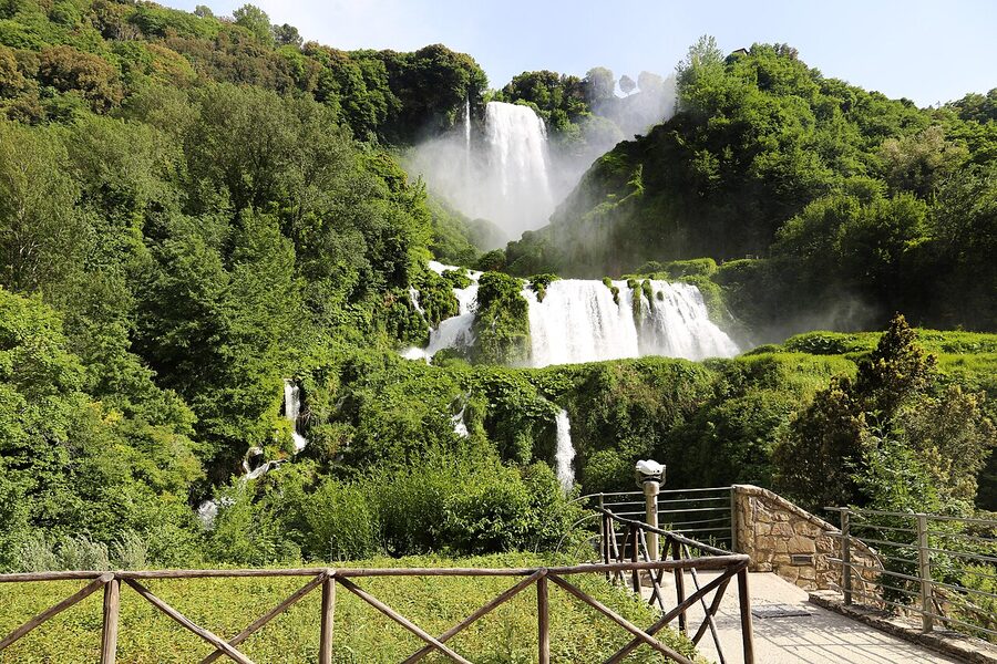 The Marmore Waterfalls in Umbria, one of the highest man-made waterfalls in the world, cascading through lush forest