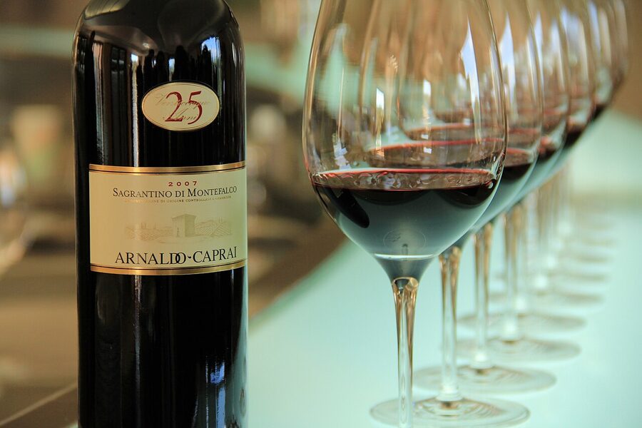A glass of Sagrantino di Montefalco dark red wine with a Montefalco vineyard in the background