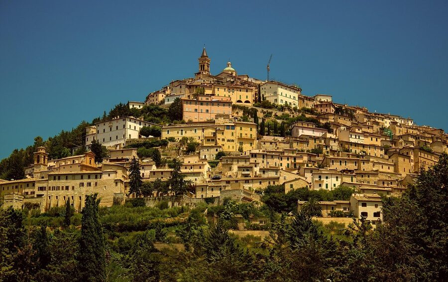 Panoramic view of Umbrian countryside near Trevi with olive groves, hills and the Valnerina beyond