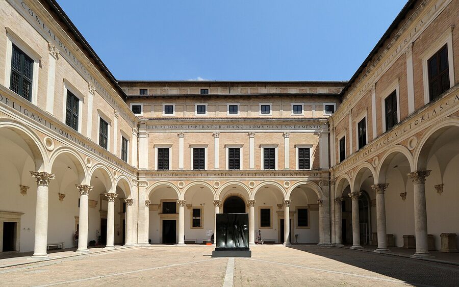 The Cortile d'Onore, the inner courtyard of the Palazzo Ducale Urbino, with arcaded loggias