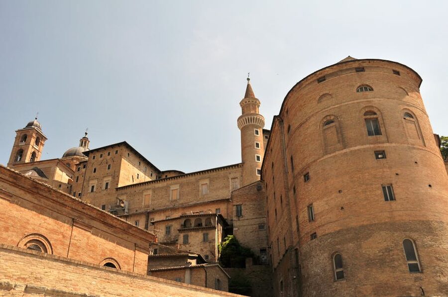 Detail of the Renaissance façade and windows of the Palazzo Ducale in Urbino