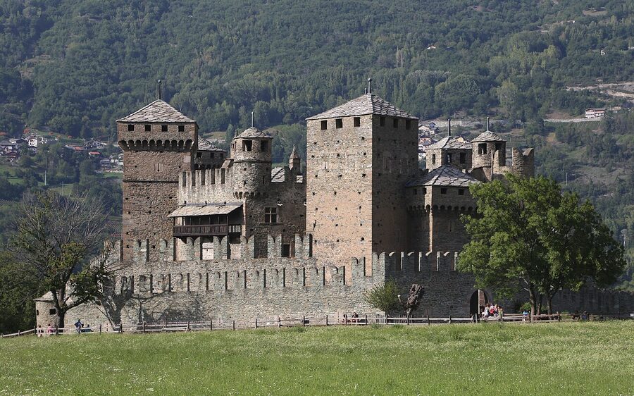 Castello di Fénis, a 14th-century Savoy castle in Valle d'Aosta with double curtain walls and towers
